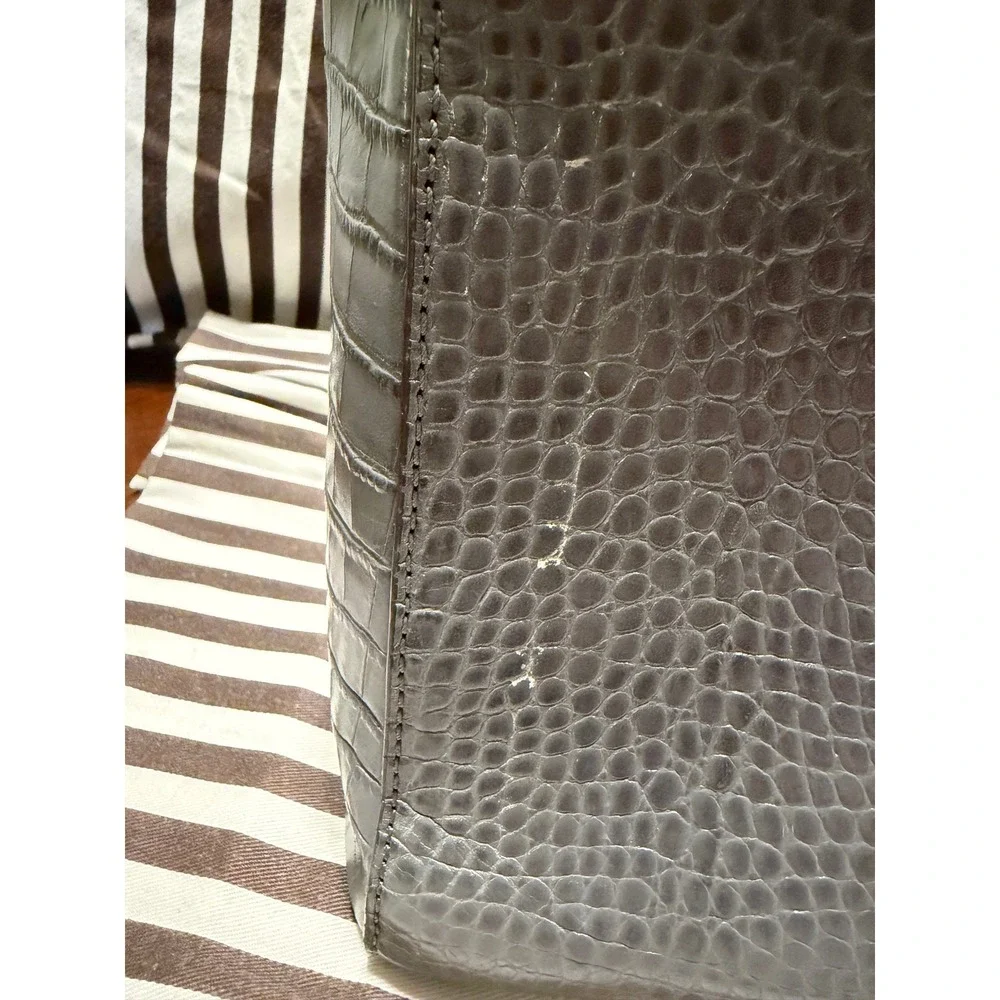 Henri Bendel Grey Crocodile Embossed Leather Satchel Handbag Gold Hardware